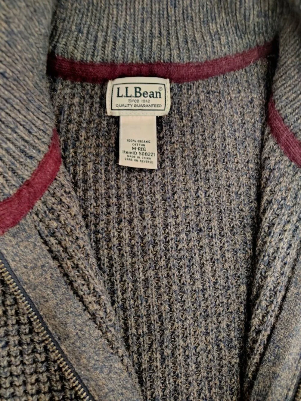 LL Bean Chunky Zip Cardigan Sweater Organic Cotton Fisherman Gray Brown Mens Med